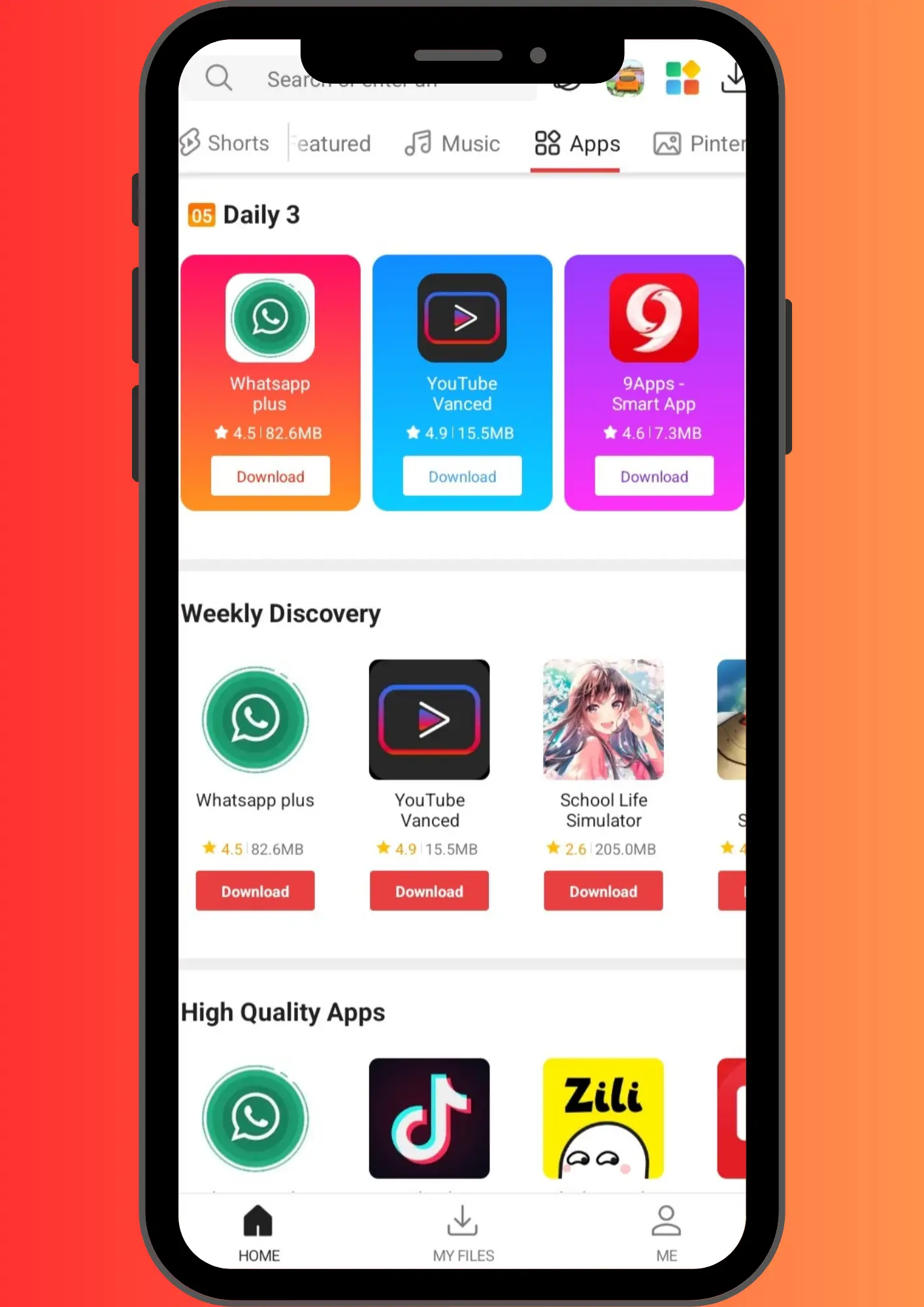 Free APPS Acess & Download on Vidmate app display feature