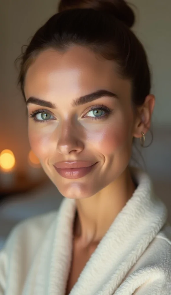 No-Makeup Glow Portrait
“Close-up of a woman with radiant skin, minimal makeup, glossy lips, fluffy brows, and a sleek bun. Background in soft focus with luxury home details (cashmere robe, candles).”