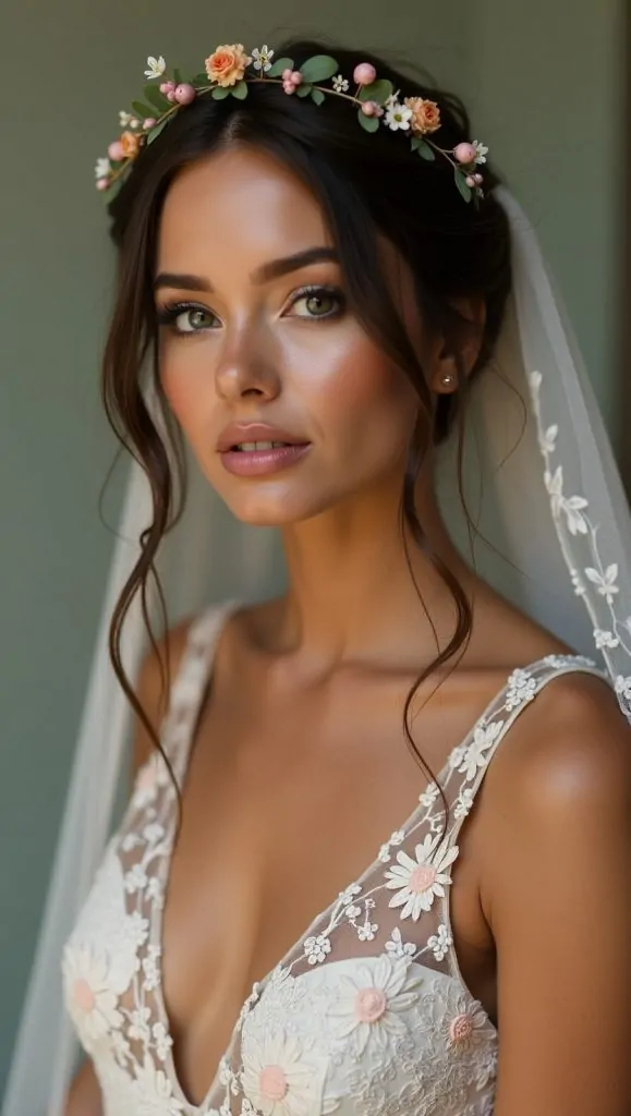 Flux Dev A seductive boho bride with radiant skin and glossed 0 1