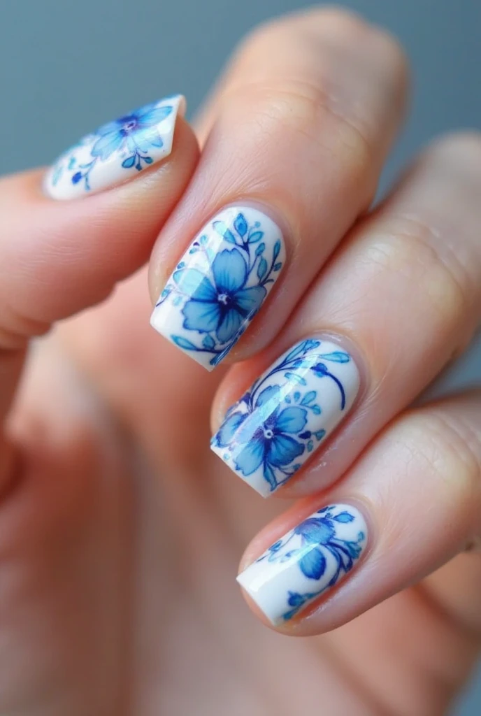  Blue Floral Nail Art