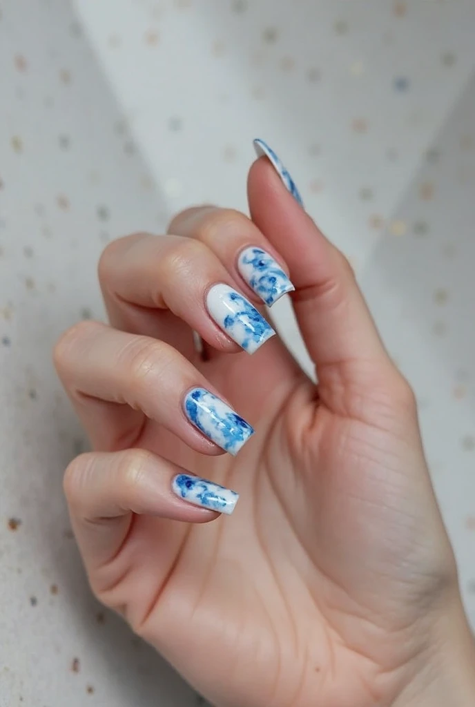 Blue and White Marble Nails