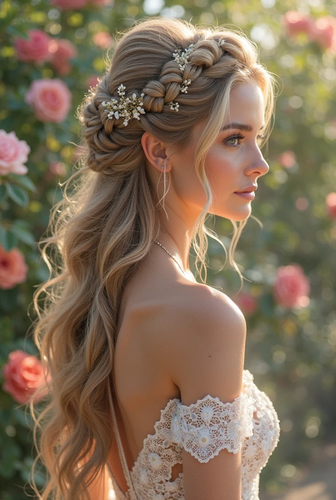 Waterfall Braid Half-Up
“Bride with long waterfall braid woven through half-up hairstyle, gentle curls underneath, floral garden background”