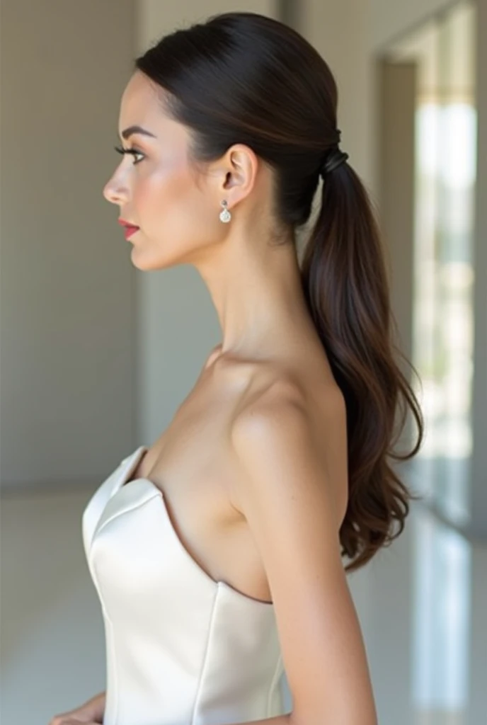 Sleek and Polished Half Ponytail
“Modern bride with sleek half-up ponytail, center part, minimal makeup, wearing a satin wedding gown in a modern venue”