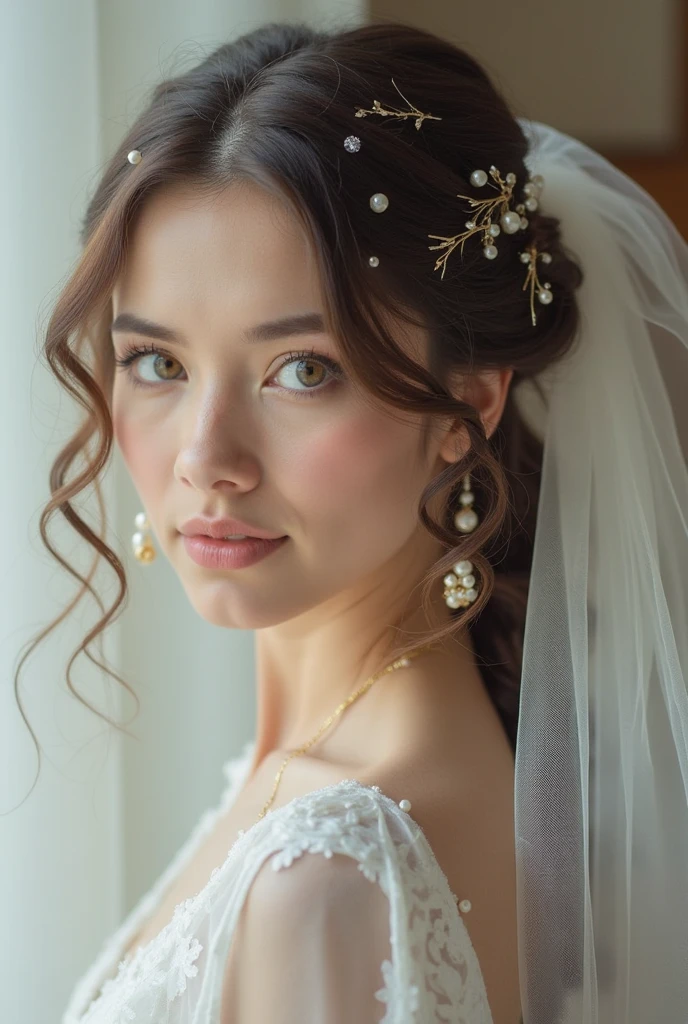 Loose Curls with Pearl Pins
“Close-up of half-up hairstyle with soft curls and scattered pearl pins, bridal veil in background, neutral tones”