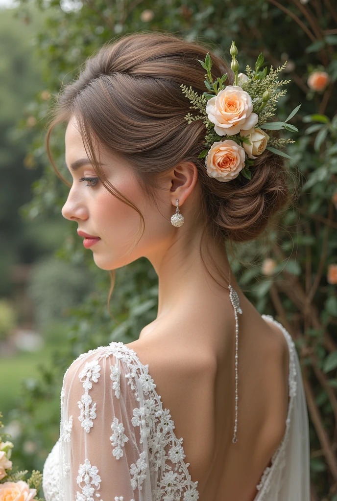 Floral Half-Up Twist
“Bride with twisted half-up hairstyle, adorned with real roses and greenery, romantic outdoor wedding setting”