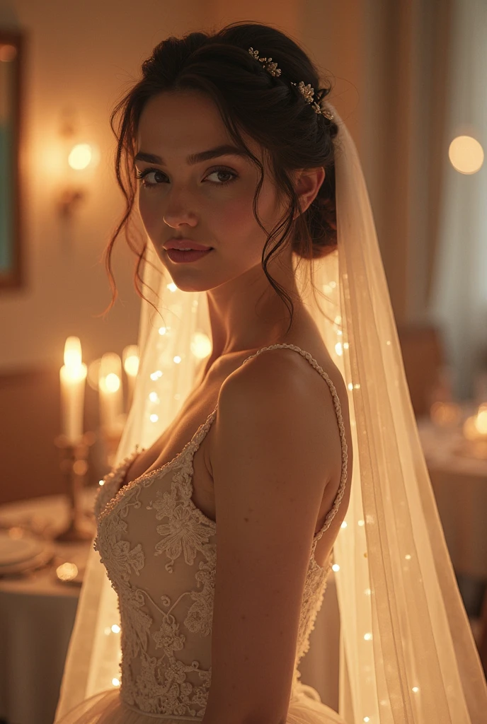 Half-Up with Braided Bun
“Elegant bride with half-up braided bun, veil attached below, wearing lace gown, standing in soft candlelight reception hall”