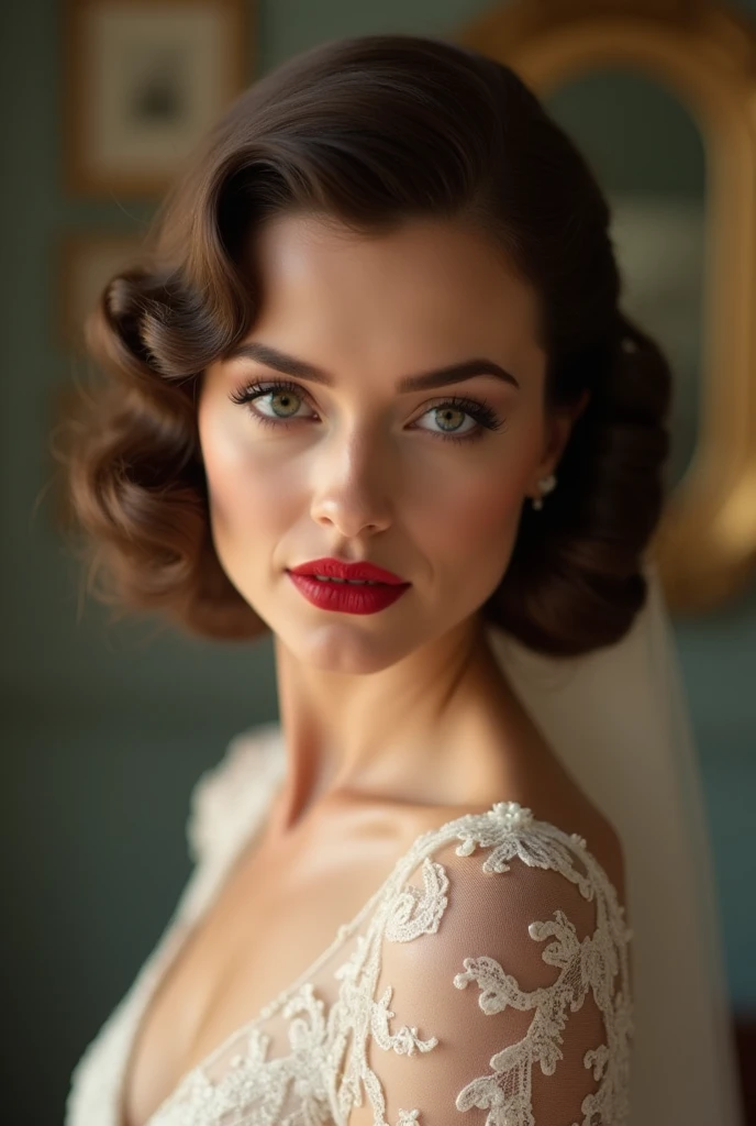 Classic Hollywood Waves
“Vintage-inspired bride with deep side part and half-up classic Hollywood waves, red lip makeup, old glamour aesthetic”