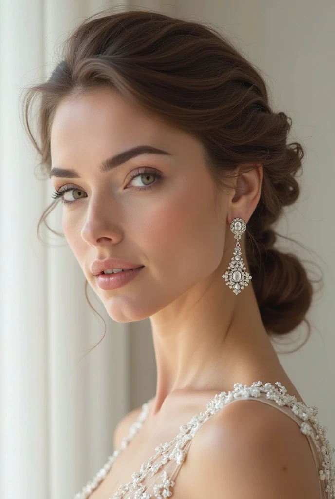 French Twist Half-Up
“Bride with partial French twist as a half-up hairstyle, clean and structured look, satin gloves and statement earrings”