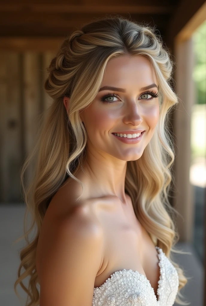 Half-Up Bubble Braid
“Bride with playful half-up bubble braid, long hair with texture, wearing minimalist gown, rustic barn venue”