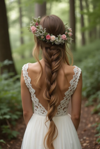 Boho Half-Up with Fishtail Braid “Bohemian bride with long fishtail braid in half-up style, wildflower crown, lace dress, woodland ceremony setting”
