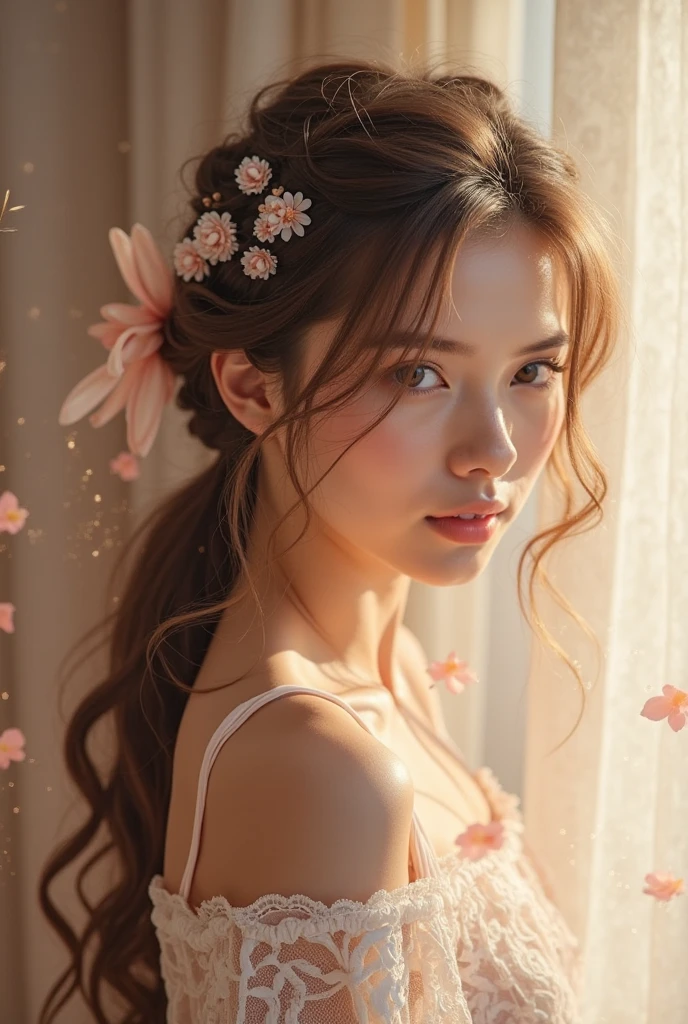 Romantic Ribbon Detail
“Bride with soft waves tied with silk ribbon in half-up ponytail, vintage-inspired wedding decor, soft romantic lighting”