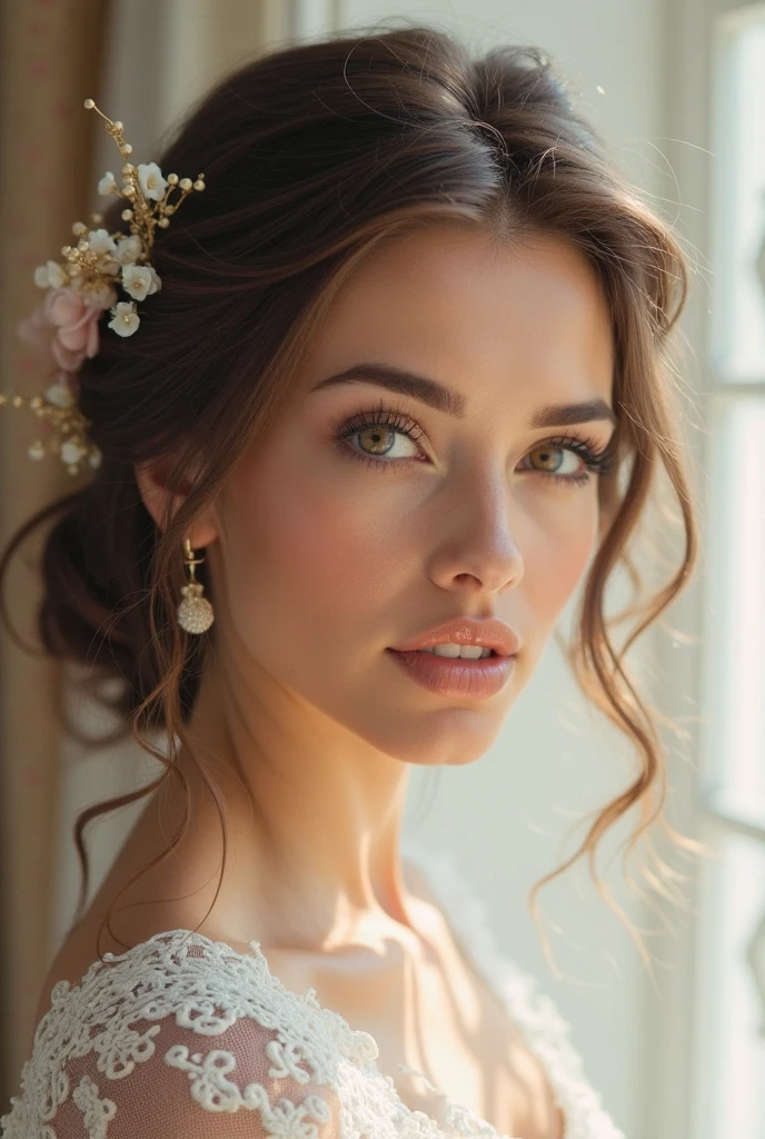 “Bride with voluminous side-swept half-up hairstyle