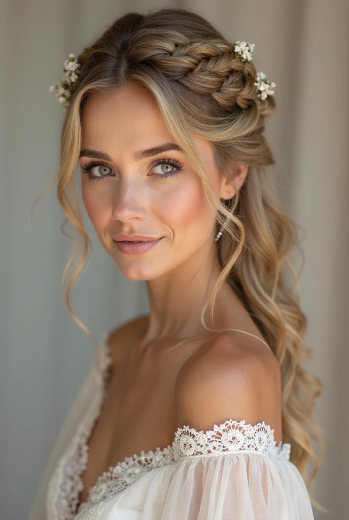 “Bride with Grecian-style twisted half-up hair