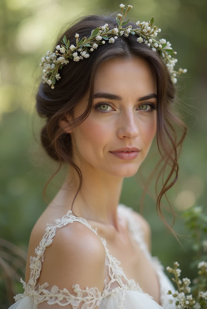 Add a whimsical touch with a delicate hair vine woven through soft, tousled hair—perfect for outdoor ceremonies.