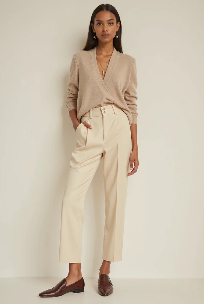 : Minimalist fashion look in head-to-toe beige: knit top, matching pants, leather loafers, gold accents, clean background, soft neutral tones
