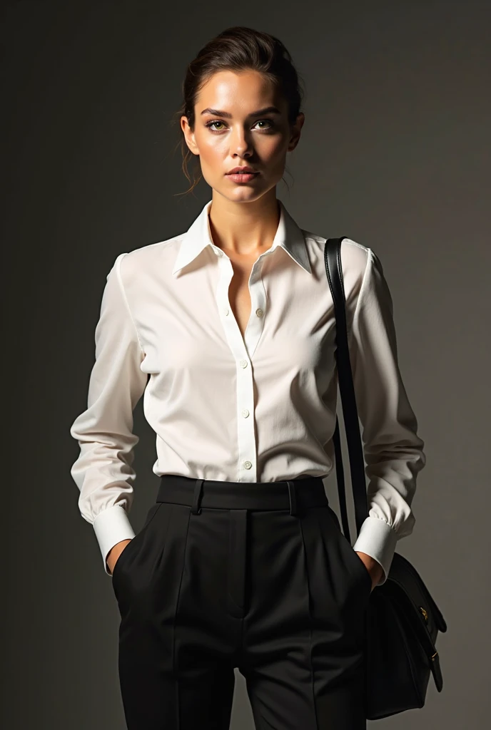  Classic outfit: crisp white button-down shirt tucked into high-waisted black trousers, black handbag, slick bun, editorial lighting