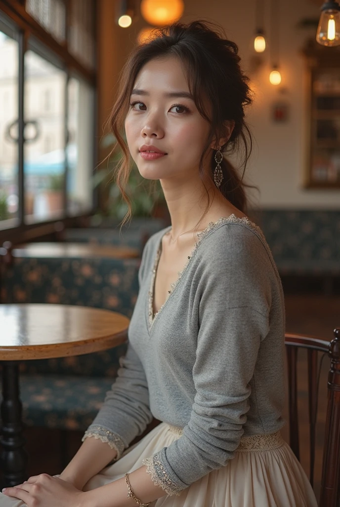 Woman wearing a soft grey cashmere sweater and flowing neutral midi skirt, Parisian café setting, natural makeup, soft-focus lens