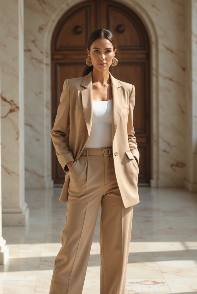  Modern rich mom look: oversized beige blazer, matching trousers, gold earrings, hair in low bun, marble interior background