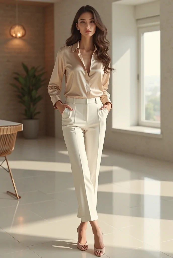 Elegant woman in champagne silk blouse tucked into high-waisted cream trousers, minimalist heels, luxury office vibe