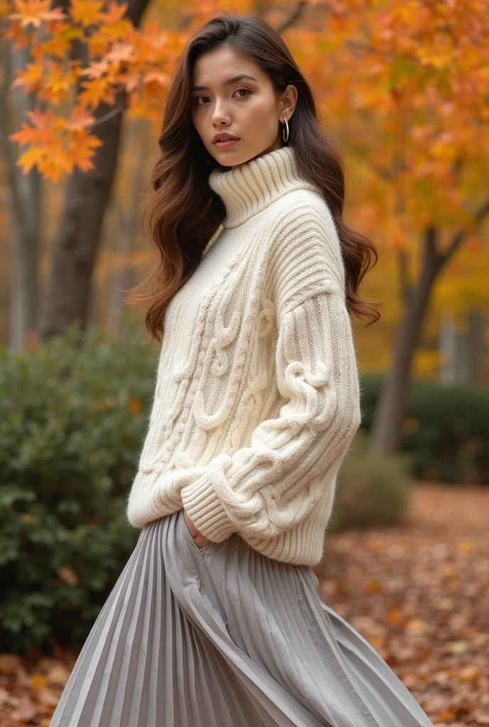 Cozy-chic outfit: ivory cable-knit sweater and light grey pleated skirt, warm tones, autumn leaves background