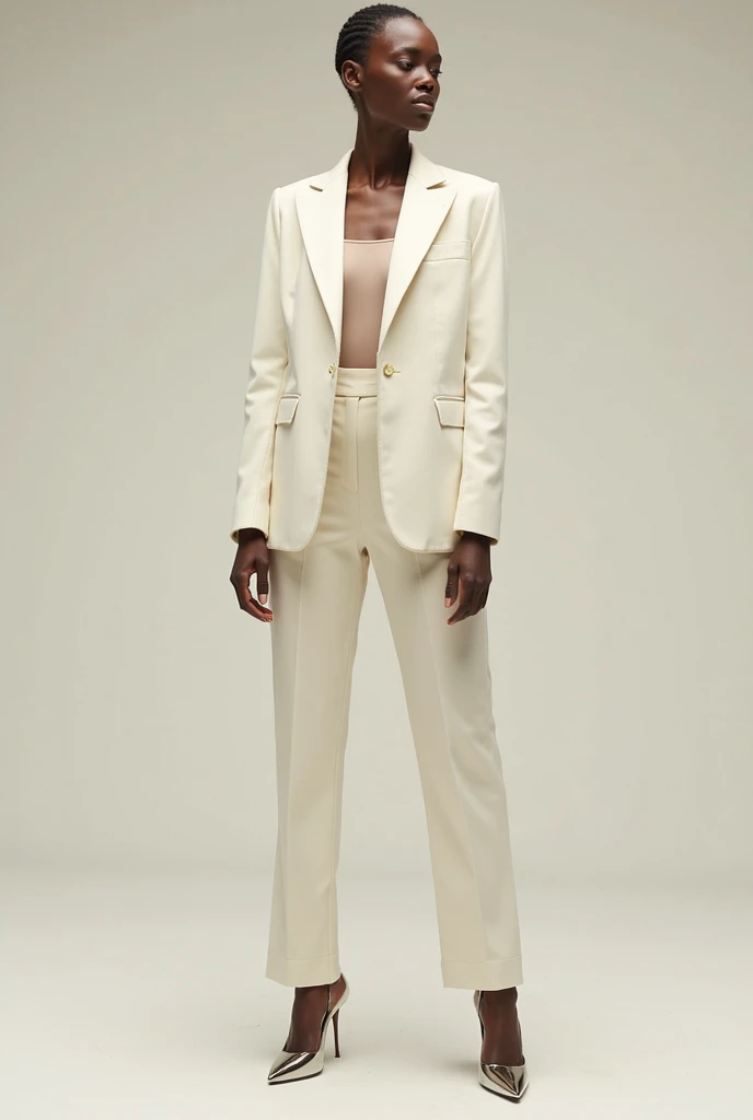  Modern tailored suit in off-white, worn with nude bodysuit and sleek heels, minimalist backdrop