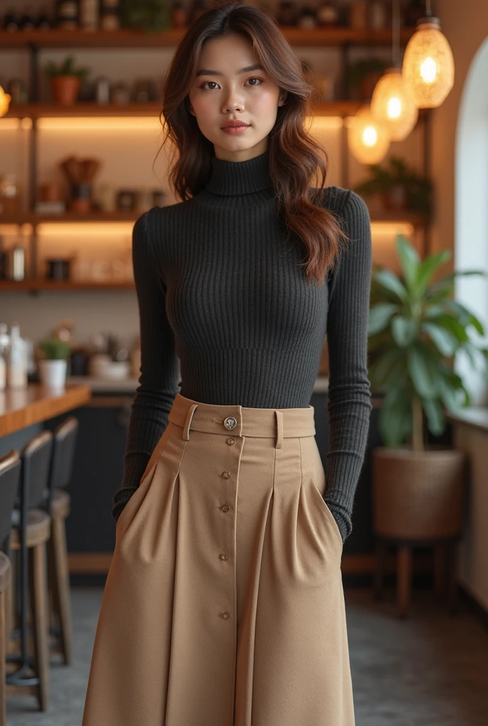 Sophisticated outfit: fitted charcoal turtleneck and beige wool midi skirt, coffee shop vibe
