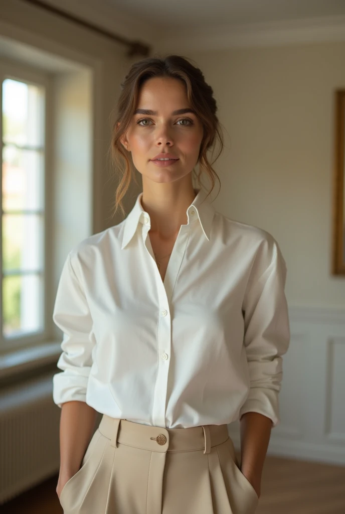 Prompt:
“Elegant woman wearing a crisp white button-up shirt tucked into high-waisted beige tailored trousers, standing in a luxurious city apartment with classic decor, natural daylight, minimal makeup, old money fashion aesthetic, soft neutral color palette, cinematic lighting, 4K photo-realistic”