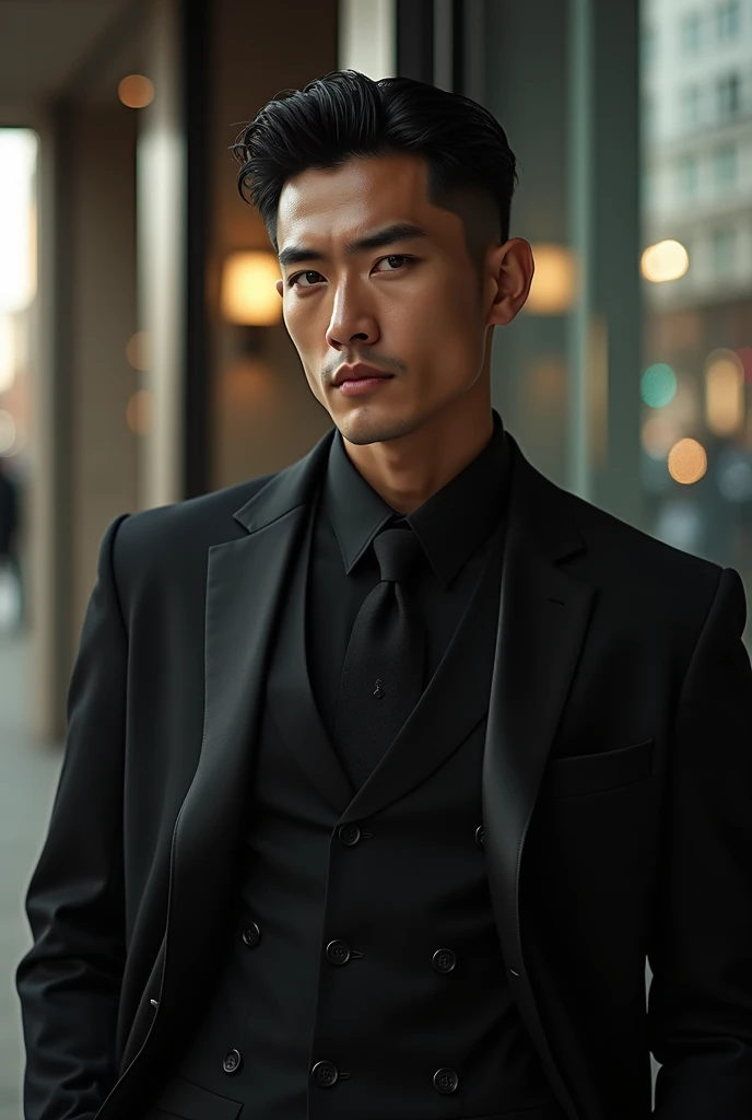 Handsome Japanese man with slicked back hair, sharp undercut, dressed in black suit, luxury urban setting, moody lighting

