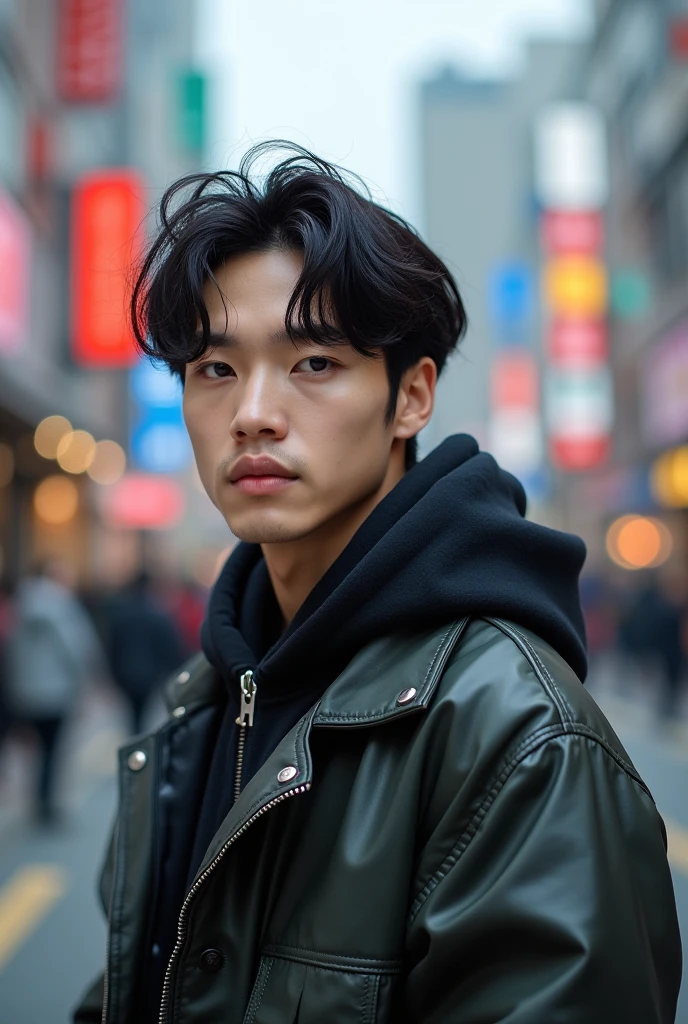 Japanese male idol with voluminous top and faded sides, trendy hairstyle, streetwear fashion, Tokyo street background, soft blur