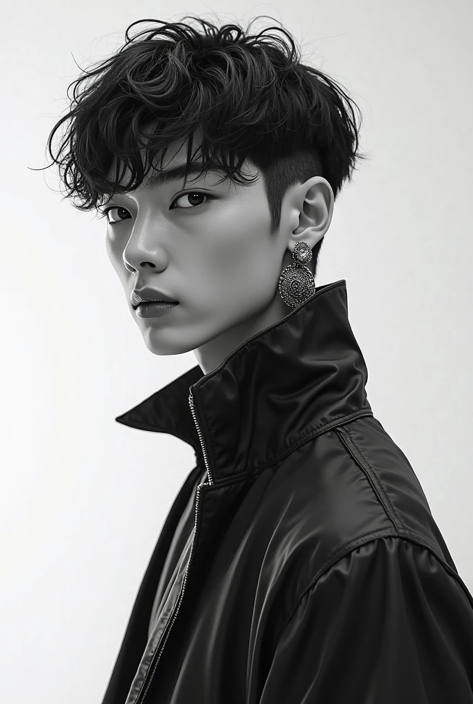 Futuristic Japanese male with very short cropped hairstyle, baby bangs, bold earrings, fashion-forward styling, monochrome background