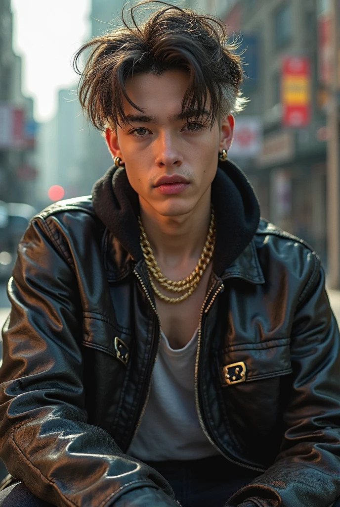 Male idol with dark base and blonde frosted tips, contemporary streetwear, dynamic lighting, rebellious fashion editorial mood