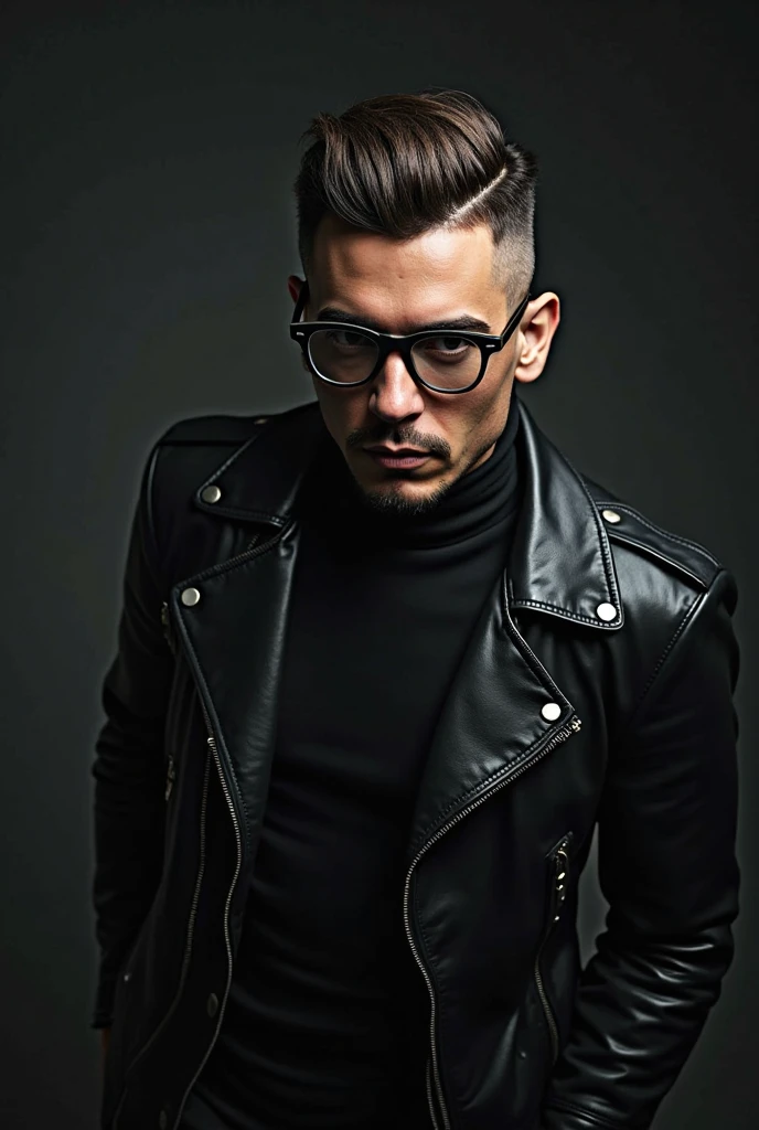 Male model with slicked-back undercut hairstyle, thick-rimmed modern glasses, wearing a leather jacket, high-contrast lighting, editorial style