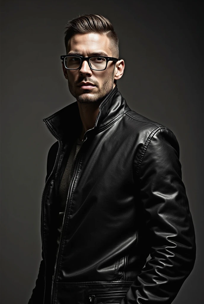 Male model with slicked-back undercut hairstyle, thick-rimmed modern glasses, wearing a leather jacket, high-contrast lighting, editorial style