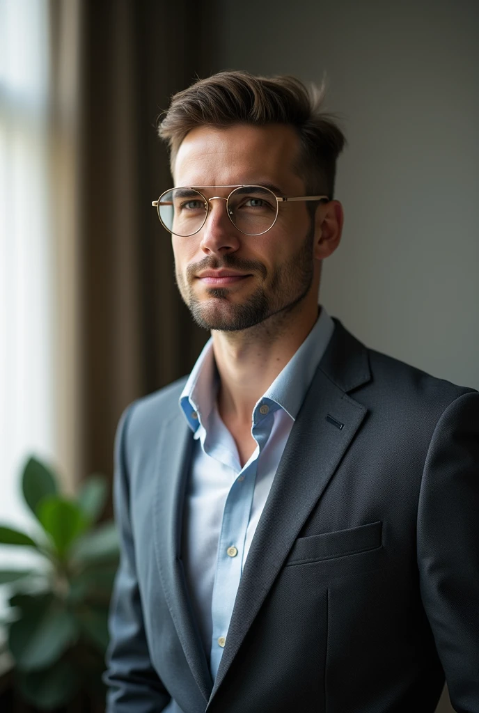 Gentleman with side-part comb over, gold-rimmed round glasses, clean-shaven face, business casual attire, natural lighting, minimal studio background