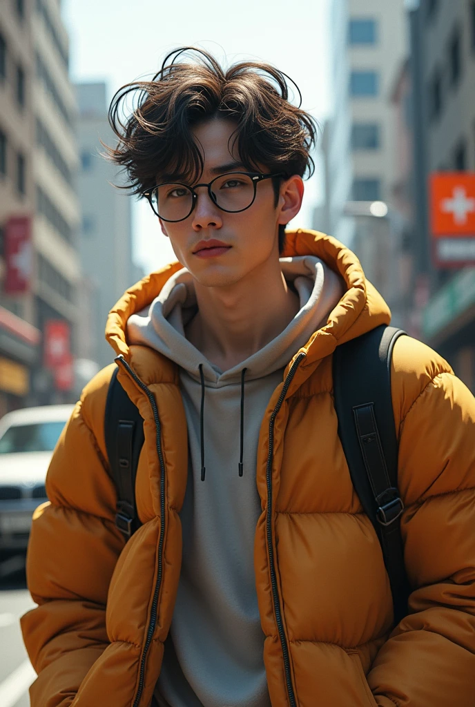 Young man with messy fringe and low fade, wearing round glasses, casual streetwear, urban setting, wind-blown effect