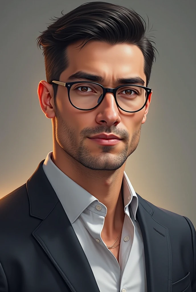 Clean-cut man with Caesar haircut, dark straight hair, oval glasses, minimal background, soft lighting, confident pose
