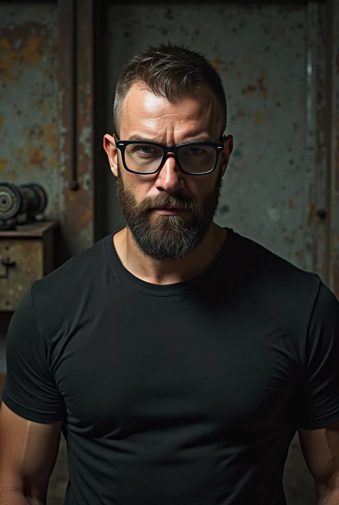 Stylish man with voluminous pompadour hairstyle, retro thick-frame glasses, vintage suit, cinematic lighting, mid-century modern setting