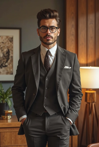Stylish man with voluminous pompadour hairstyle, retro thick-frame glasses, vintage suit, cinematic lighting, mid-century modern setting
