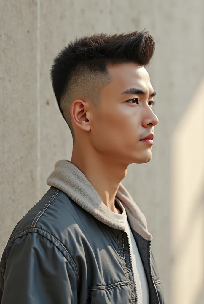 Man with a neat crew cut hairstyle, side view, natural lighting, casual streetwear, neutral background