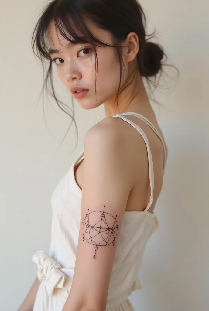 “Tiny geometric shapes tattoo on inner arm, triangle and circle, minimalist pattern”