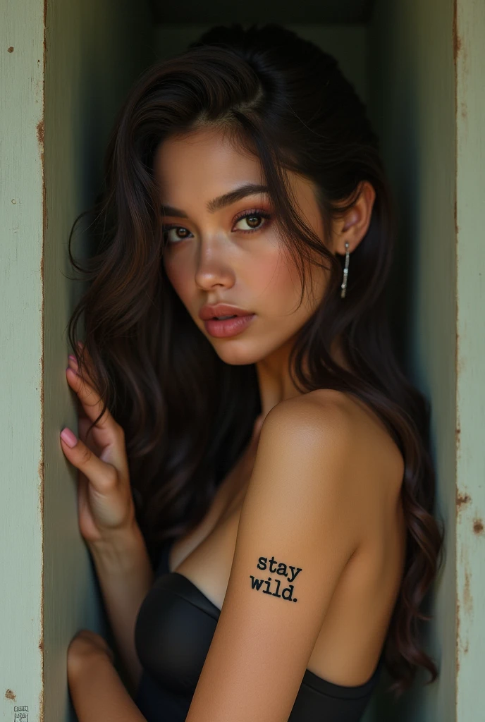 “Mini quote tattoo in typewriter font, short phrase like ‘stay wild’ on forearm, retro-minimalist vibe”