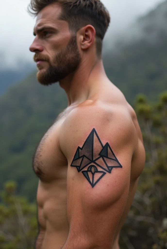 
Simple geometric mountain tattoo on upper arm, black ink, clean lines, outdoorsy tone