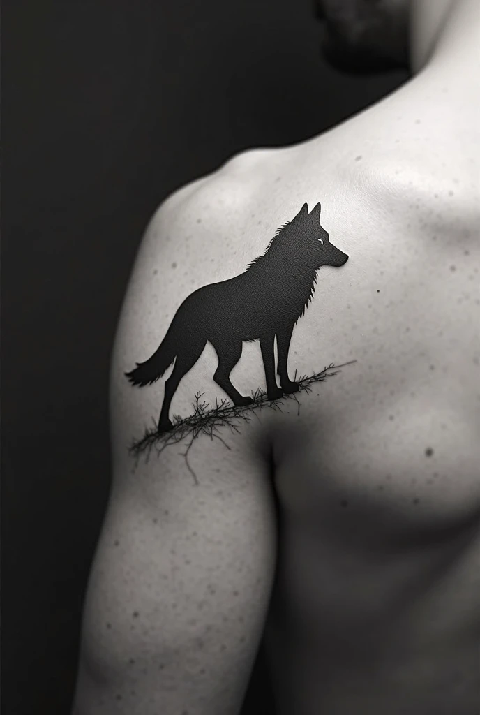 Wolf outline tattoo on shoulder, fierce yet minimal, black ink, grayscale lighting