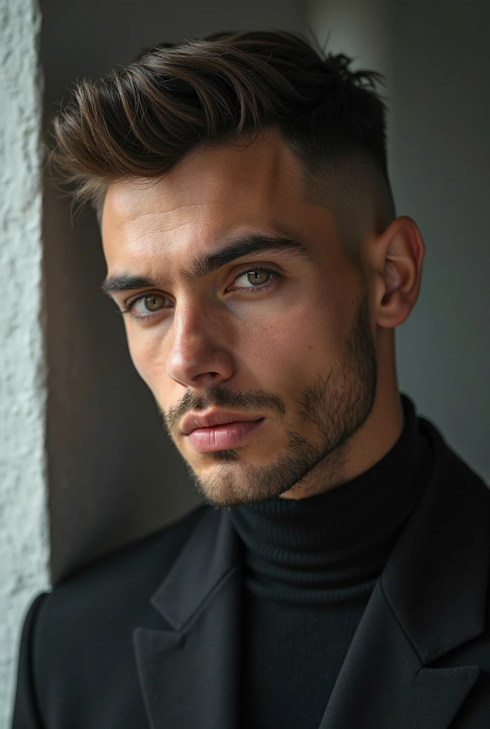 A stylish male model with a textured French crop haircut and blunt fringe, clean skin fade, high-contrast lighting, urban fashion magazine shoot.