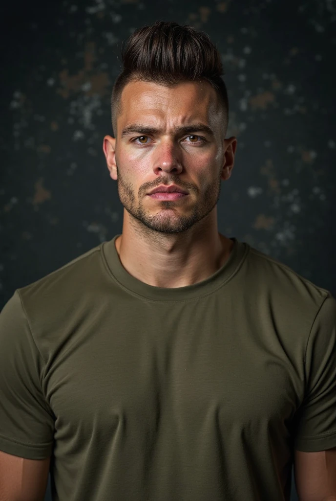 Military-inspired high and tight haircut on a serious-looking man, clean edges, tight skin fade, olive drab T-shirt, moody lighting, studio backdrop.