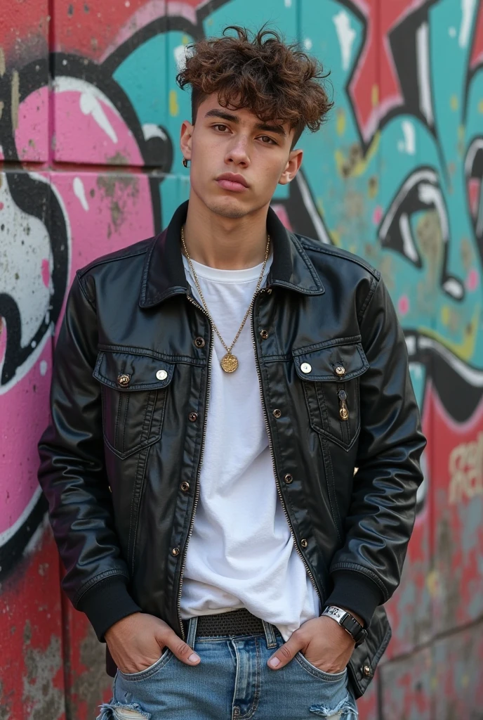 A trendy young man with a messy textured crop haircut, faded sides, tousled top, posing in front of graffiti wall, streetwear fashion.