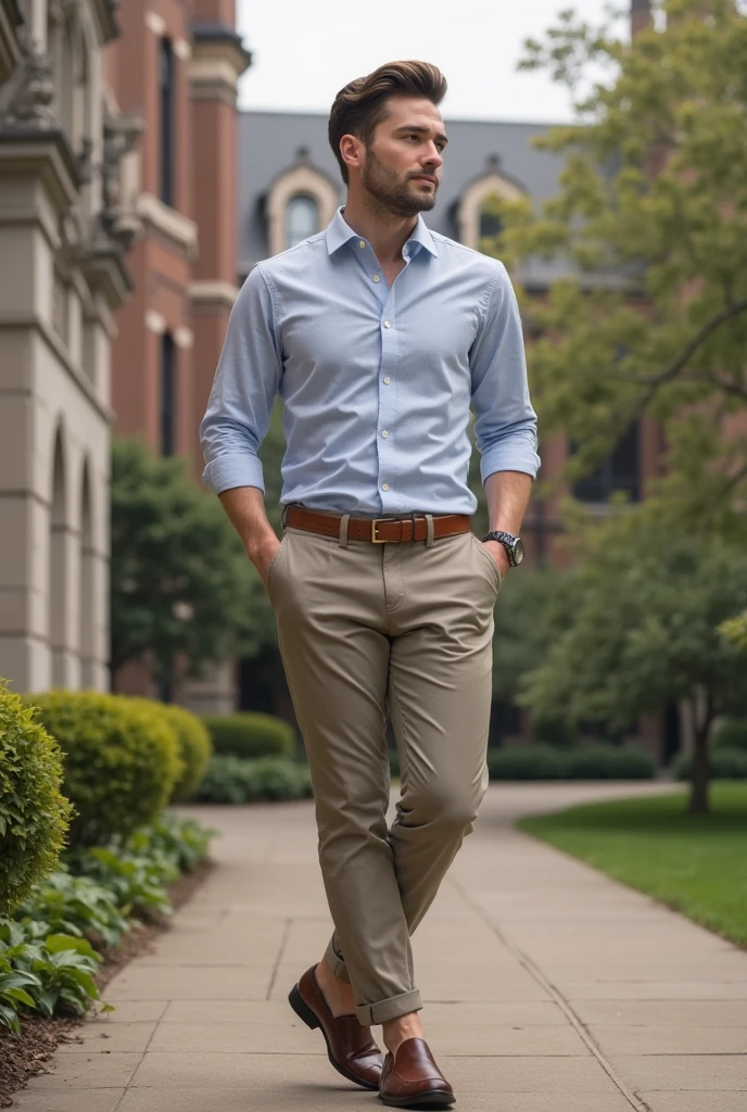 Classy young man with an Ivy League haircut, side part and medium top, wearing preppy outfit, standing near university building.