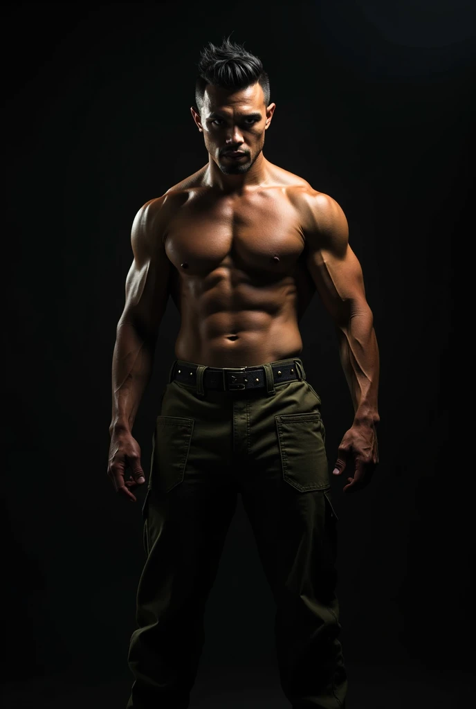 Strong male with a military-style flat top haircut, sharp angles, standing tall in uniform or athletic gear, dark background with dramatic lighting.