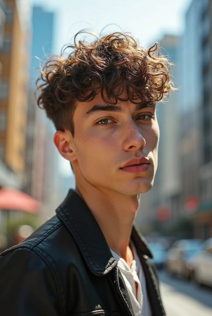 "Stylish man with short textured crew cut for curly hair, cropped sides and back, short textured curls on crown, minimal classic attire, bright neutral backdrop."