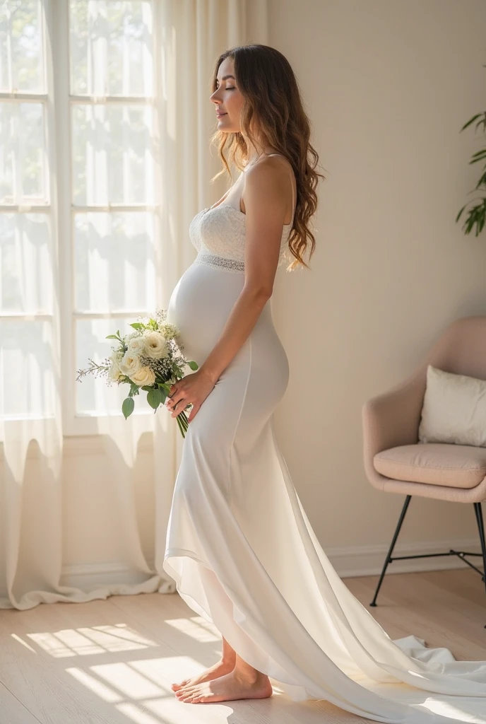 "A radiant expecting bride wearing gentle maternity bridal shapewear with bump support, standing barefoot in a softly lit bridal suite, holding a bouquet. Romantic and soft editorial feel, pastel tones, ultra-realistic image."